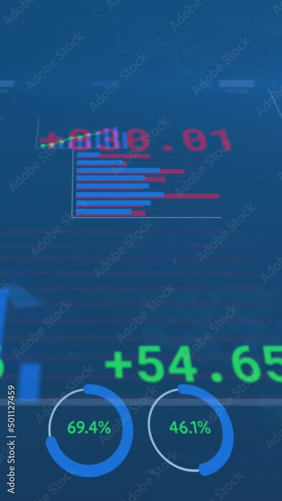 Poster animation of financial data and graphs over navy background