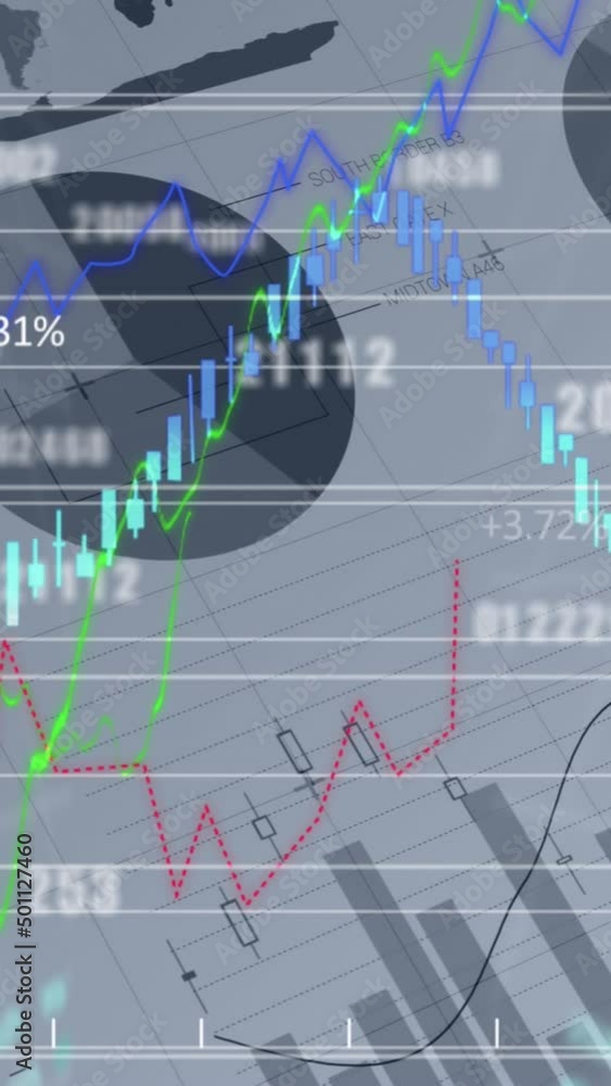 Poster animation of graphs and financial data over grey background
