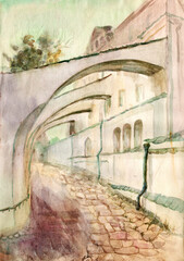 Watercolor painted sketch landscape. Pechersk Lavra in Kyiv, the passage between the buildings, arches of the flying buttresses between the walls