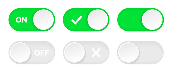 On and Off toggle switch icons. Switch toggle buttons ON OFF. Material design switch buttons set. Open and close ui icons. Active and Inactive icon. Stock Vector.