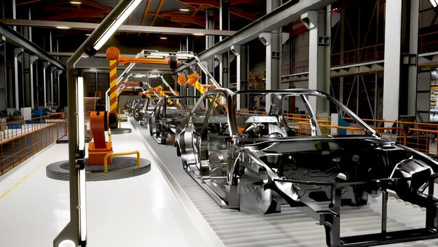 Car plants factory 3D Concept: Automated Robot Arm Assembly Line Manufacturing High-Tech Vehicles. Production Conveyor. Render 4K.