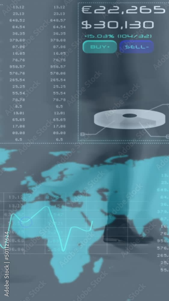 Poster animation of diverse data over world map and timelapse with businesspeople