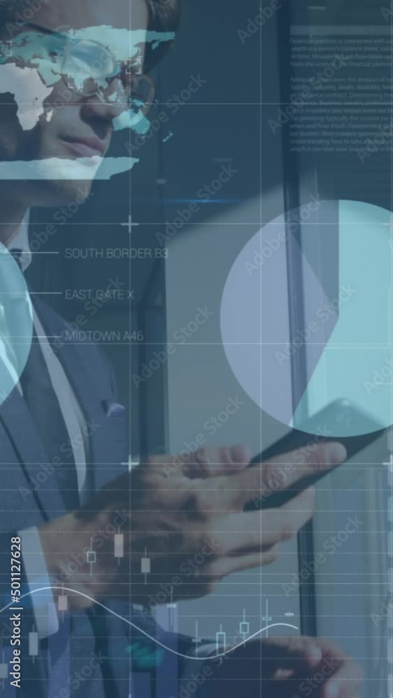 Poster animation of financial data and graphs over caucasian businessman using smartphone