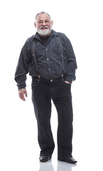 Fototapeta premium handsome, bearded man in trousers with suspenders. isolated on a white