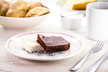 Fresh cheese with guava jam, Brazilian dessert called Romeo and Juliet, served for breakfast