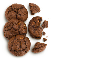 chocolate cookies broken isolated on white background with clipping path and full depth of field. Top view with copy space for your text. Flat lay