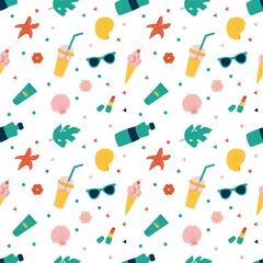 Summer seamless pattern of women's beach items. Flat vector illustration