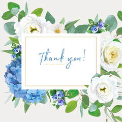 Wedding invite, thank you greeting card template design. Blue hydrangea flower, yellow roses, white eustoma, eucalyptus branches, greenery leaves bouquet frame, wreath. Elegant vector art illustration