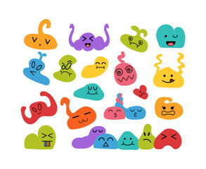 Set of cute doodle characters of different shape, color and size, expressing various emotions