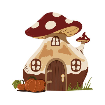 Fairy tale mushroom house. Children's vector illustration.