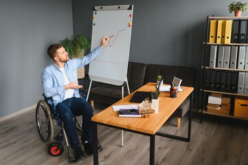 A man in a wheelchair is working in a office. The concept of work of people with disabilities.