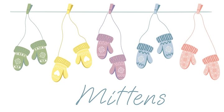 Set of different knitted mittens hanging on the rope. Cute hand drawn elements for winter design. Winter clothes. Vector illustration.