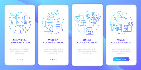 Fototapeta na wymiar Communication forms blue gradient onboarding mobile app screen. Walkthrough 4 steps graphic instructions pages with linear concepts. UI, UX, GUI template. Myriad Pro-Bold, Regular fonts used