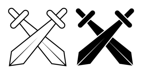 Linear icon, apair of crossed knight swords. Tournament, beginning of medieval duel. Simple black and white vector isolated on white background