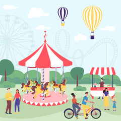Childrens carousel flat vector illustration in the park of attraction