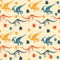 Seamless vector pattern with dinosaur skeleton. 