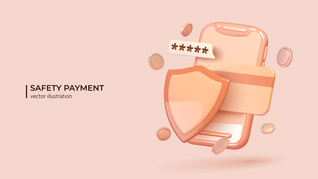 Safety payments concept. Realistic 3d shield with password on smart wallet and credit card over smartphone. The concept of mobile phone and personal data protection. Vector illustration