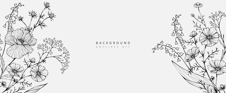 Luxury botanical background with trendy wildflowers and minimalist flowers for wall decoration or wedding. Hand drawn line herb, elegant leaves for invitation save the date card. Botanical rustic