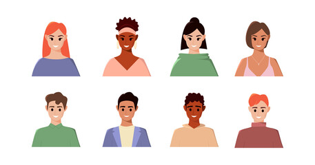 Diverse men and women faces. People portraits set. Vector illustration in flat style isolated on white background. Characters. 