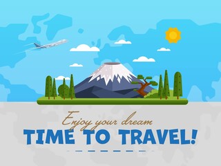 Naklejka premium Welcome to Japan poster with famous attraction vector illustration. Travel design with Fujiyama mountain on background world map. Worldwide air traveling, time to travel, discover new places
