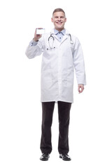 smiling doctor showing his visiting card. isolated on a white