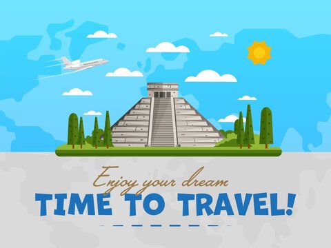 Welcome to Mexico poster with famous attraction vector illustration. Travel design with Chichen Itza Tulum Kukulcan crypt tomb pyramid. Time to travel concept, tour guide for traveling agency