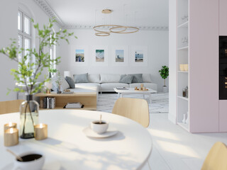 3D illustration. nordic style kitchen in an apartment.