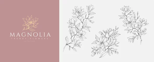 Foto op Canvas Magnolia flower logo and branch set. Hand drawn line wedding herb, elegant leaves for invitation save the date card. Botanical rustic © merfin