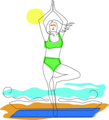 Continuous line, drawing of set summer activities, fashion concept, woman beauty minimalist, line art woman.