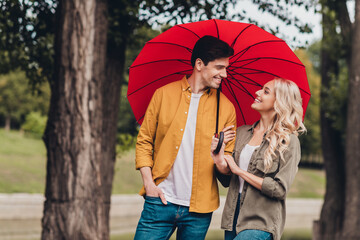 Portrait of attractive adorable amorous cheerful couple life partners meeting romance strolling...