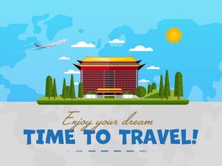 Obraz premium Welcome to Taiwan poster with famous attraction vector illustration. Travel design with Grand Hotel in Taipei. Worldwide air traveling, time to travel, discover new historical places concept