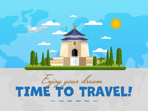 Welcome to Taiwan poster with famous attraction vector illustration. Travel design with Chiang Kai-Shek Memorial Hall in Taipei. Worldwide air traveling, time to travel, discover new historical places
