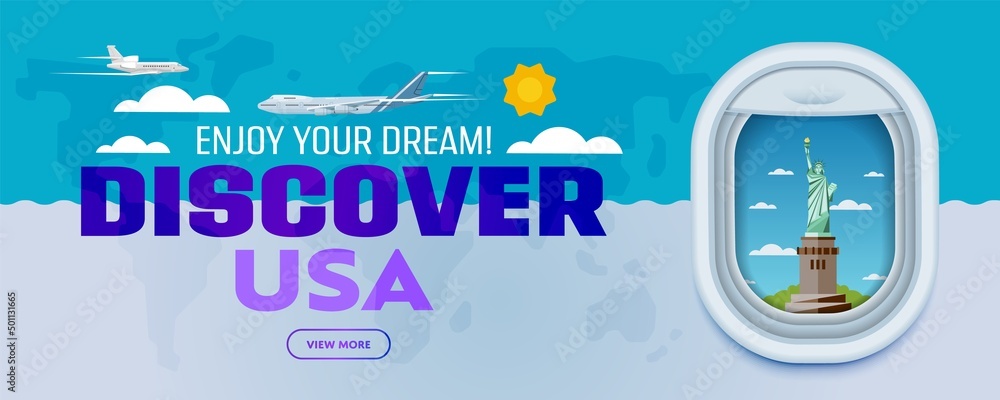 Wall mural Discover USA. Traveling the world by plane. Tourism and vacation theme. Attraction of airplane window. Modern flat vector design banner.