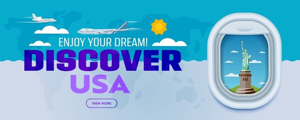 Discover USA. Traveling the world by plane. Tourism and vacation theme. Attraction of airplane window. Modern flat vector design banner.