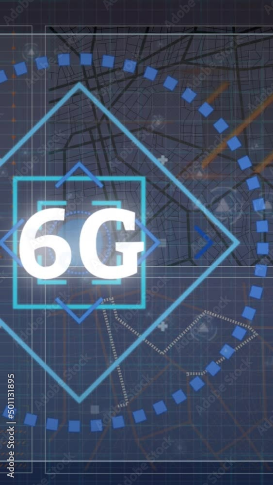Poster animation of 6g text, computer circuit board and data processing over blue background