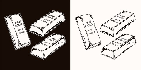 Set of fine gold bars, ingots, bullions from different angles. Isolated vector black and white illustration