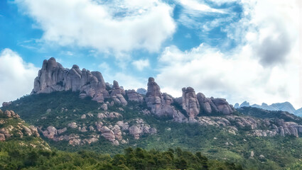 Panoramic view of the Montserrat Gorge. Monestir Santa Maria de Montserrat.