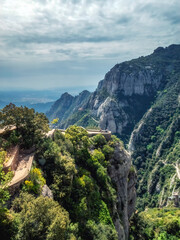 Montserrat Mountain in Catalonia Spain . Multi-peaked mountain range near Barcelona