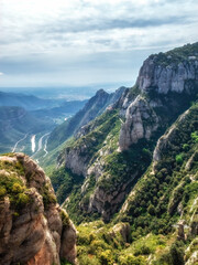 Montserrat Mountain in Catalonia Spain . Multi-peaked mountain range near Barcelona