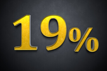 Gold 19 Percent off 3d Sign on white Background