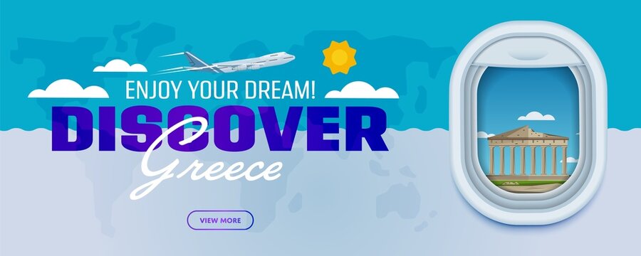 Discover Greece. Traveling the world by plane. Tourism and vacation theme. Attraction of airplane window. Modern flat vector design banner.