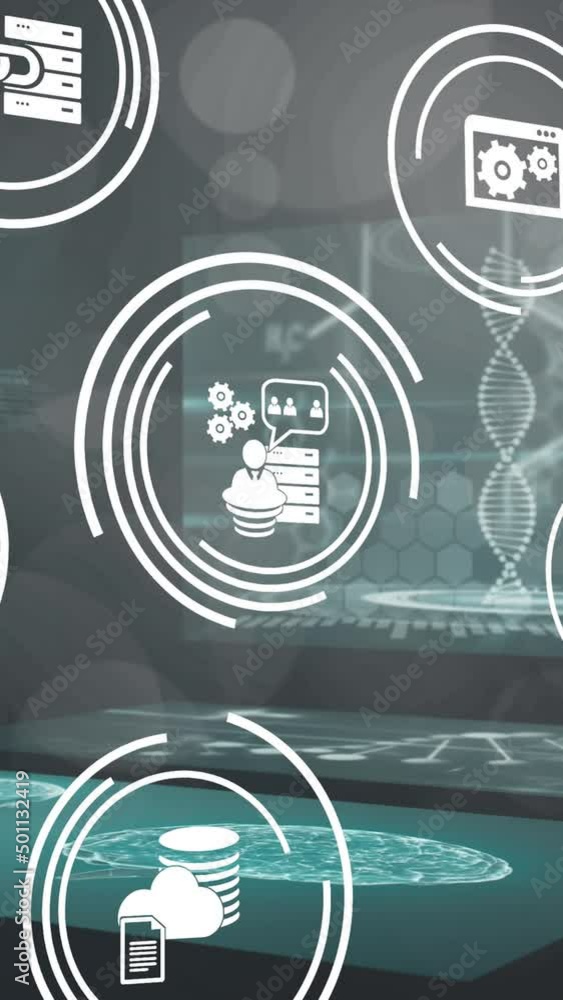 Poster animation of business icons and data processing on black background