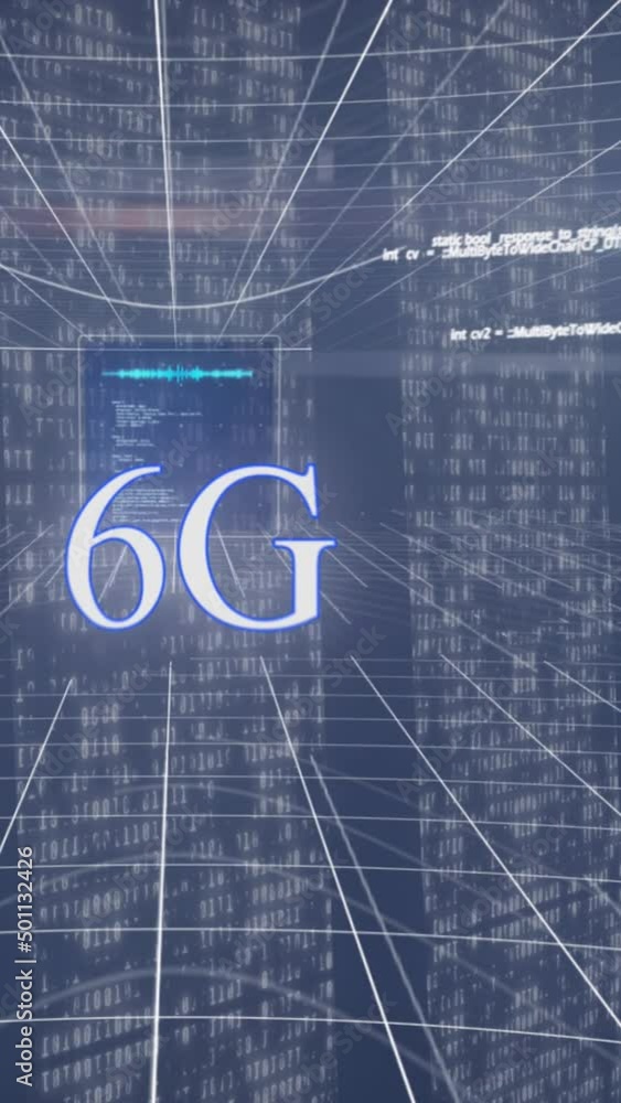 Poster animation of 6g text and data processing on blue background