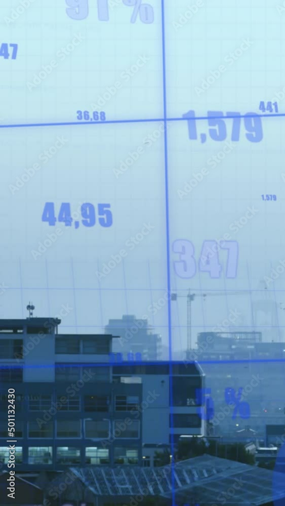 Poster animation of city and cranes over data processing