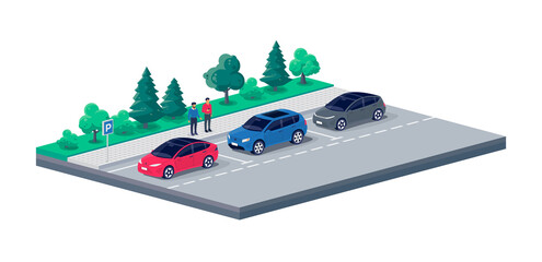 Modern cars parallel parking on city street road sideway. Parking lot with persons standing talking near vehicle. Driver place on rest stop area on highway. Vector illustration on white background.