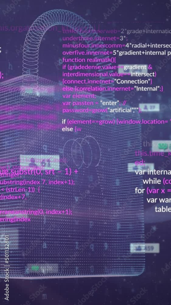 Poster animation of data processing and padlock on black background