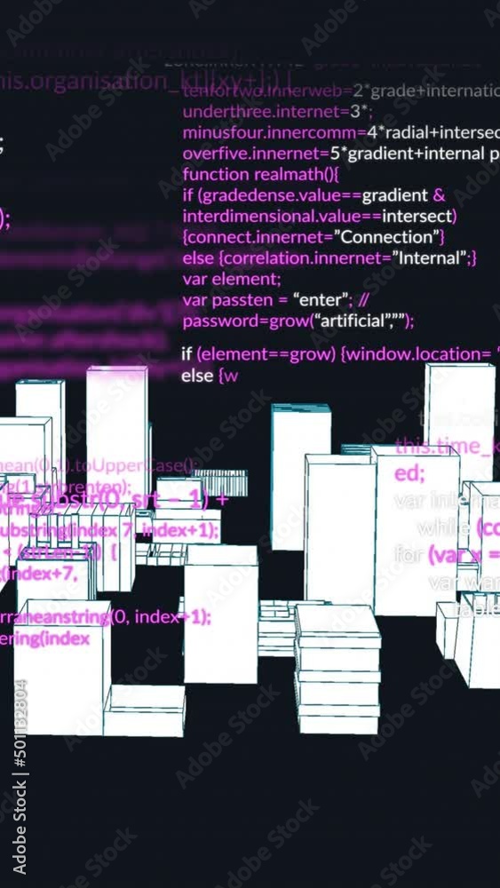 Poster animation of data processing and city on black background