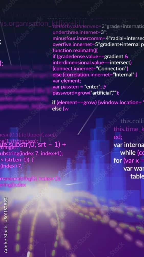 Poster animation of data processing and city on black background