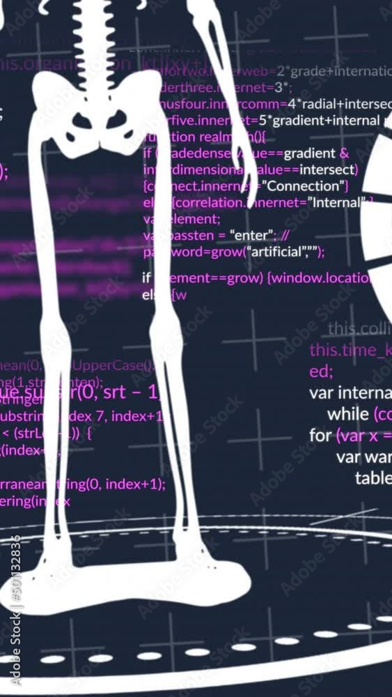 Poster animation of data processing and skeleton on black background