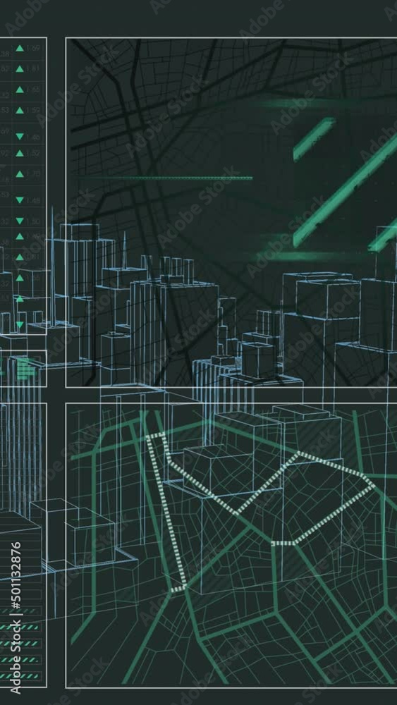 Poster animation of data processing and city on black background
